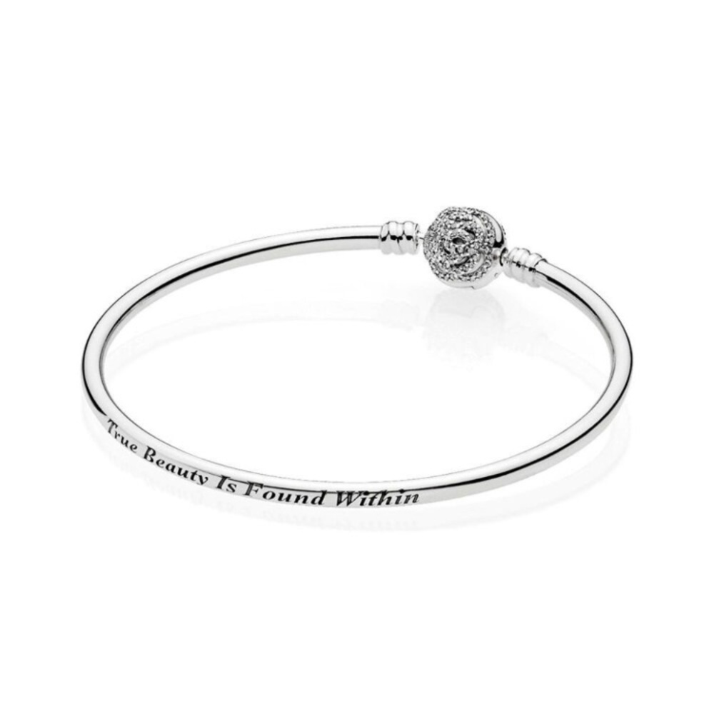 Pandora Beauty & The Beast Silver BANGLE Bracelet with Engraving & Rose Clasp